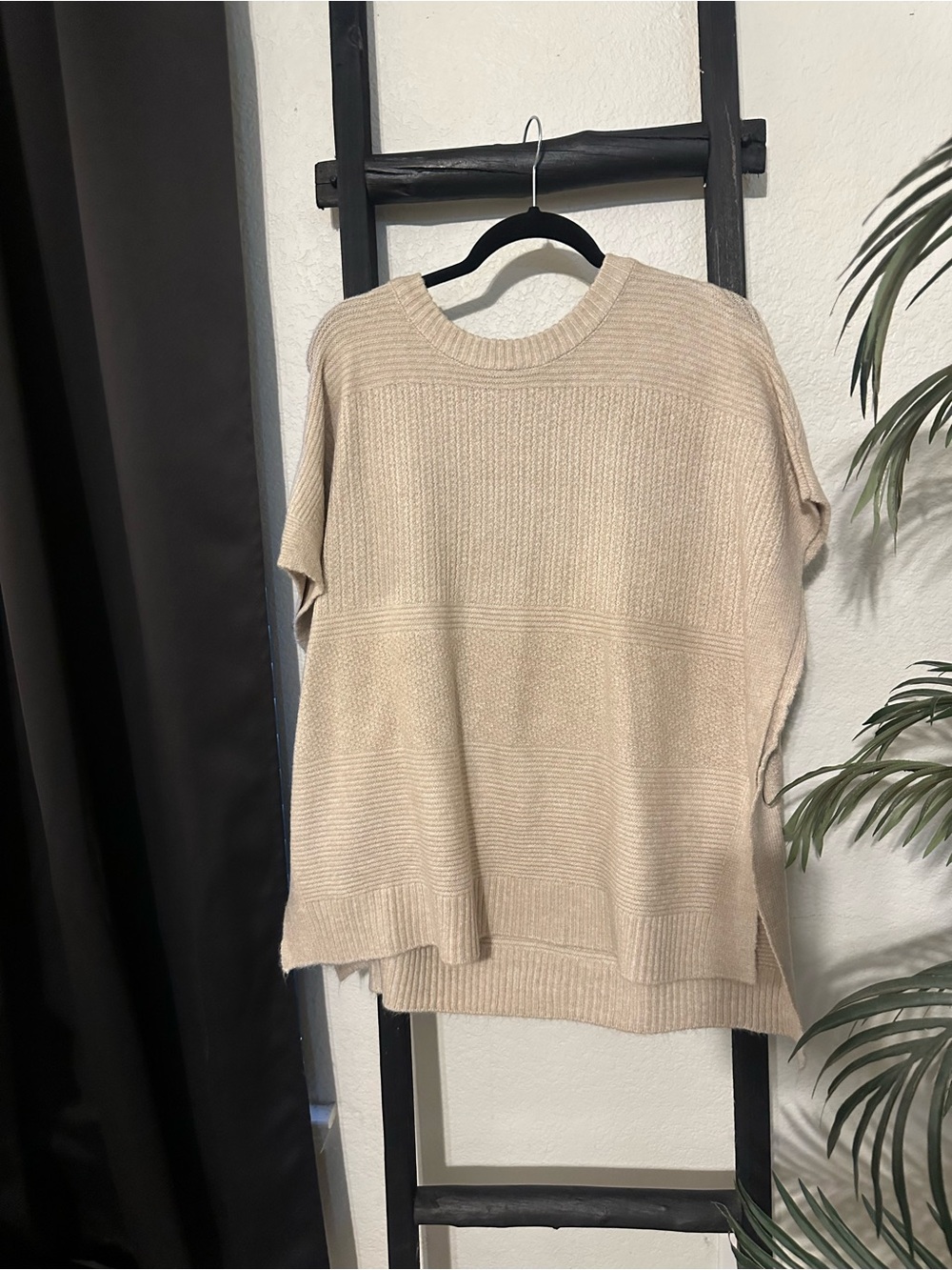 Neutral Cream Knit Short-Sleeve Poncho- Women